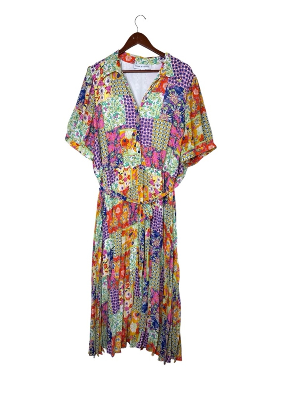Emma & Michele Patchwork Bright Ditsy Floral Colorful Pleated Midi Dress Cottage